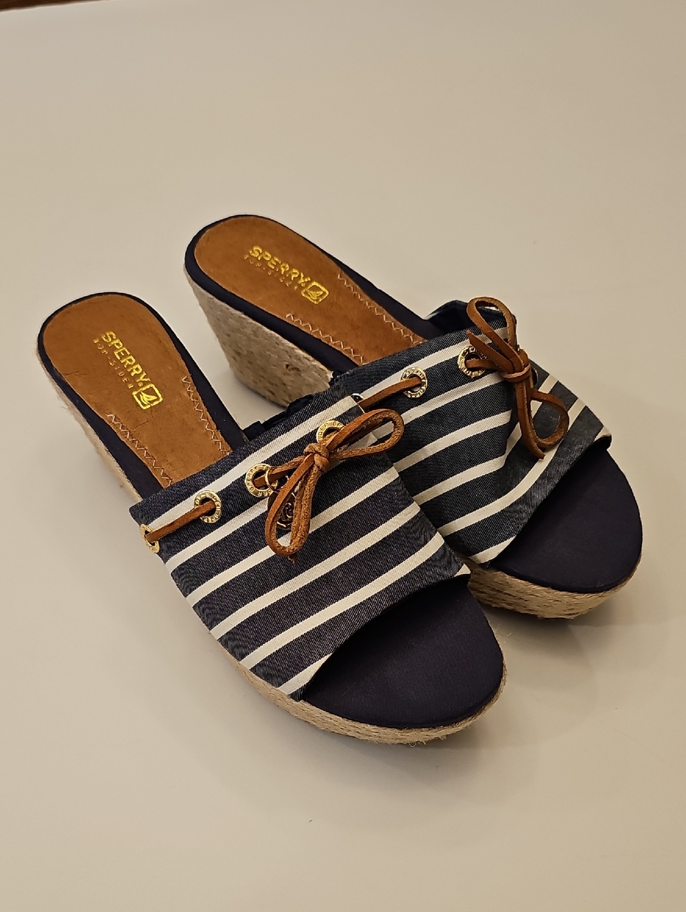 Sperry Navy and White Striped Espadrille Wedge Slides with Tan Bow Size 7.5